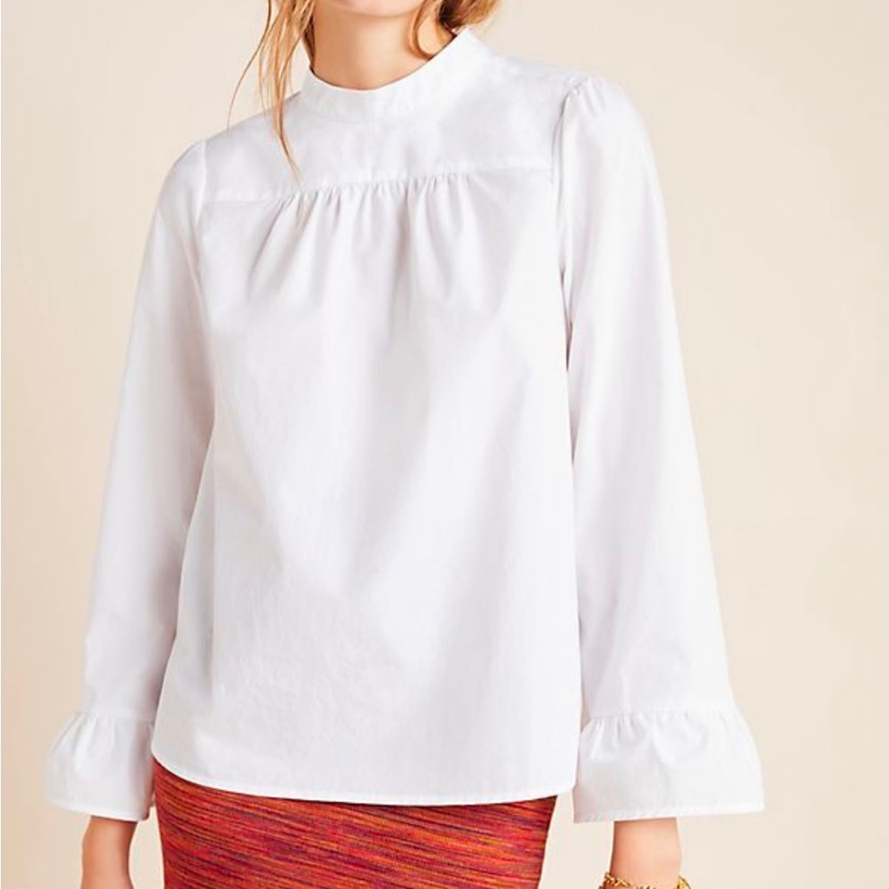 Anthropologie Maeve White Poplin Bell Sleeved Blouse Top Size 6